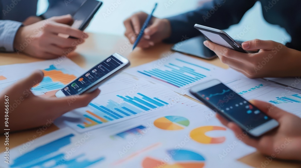 A group analyzing data on mobile devices, surrounded by charts and graphs on a table, symbolizing teamwork and modern analytics. A group analyzing data on mobile devices, surrounded by charts and graphs on a table, symbolizing teamwork and modern analytics.