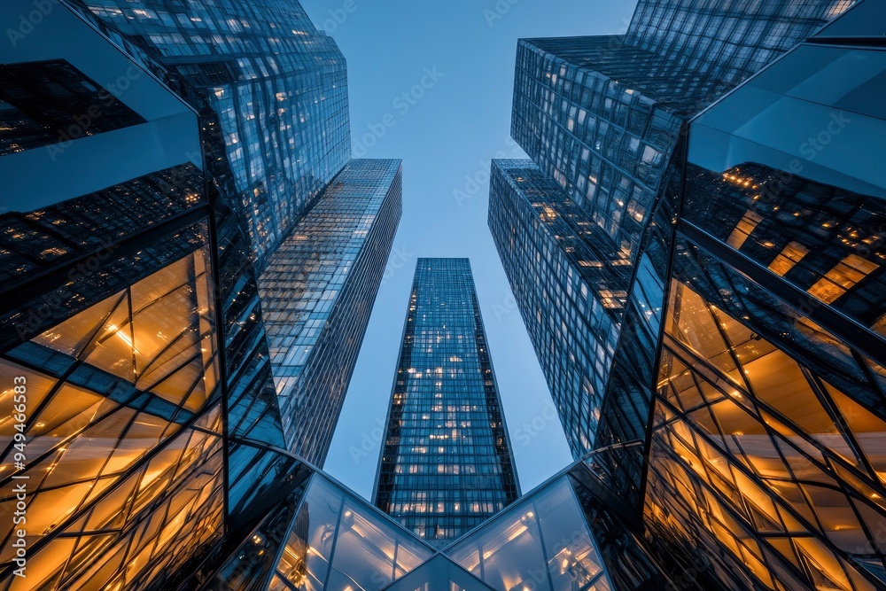 Naklejka premium From below of entrance of office building next to contemporary high rise structures with glass mirrored walls and illuminated lights in calgary city against cloudless blue sky , ai