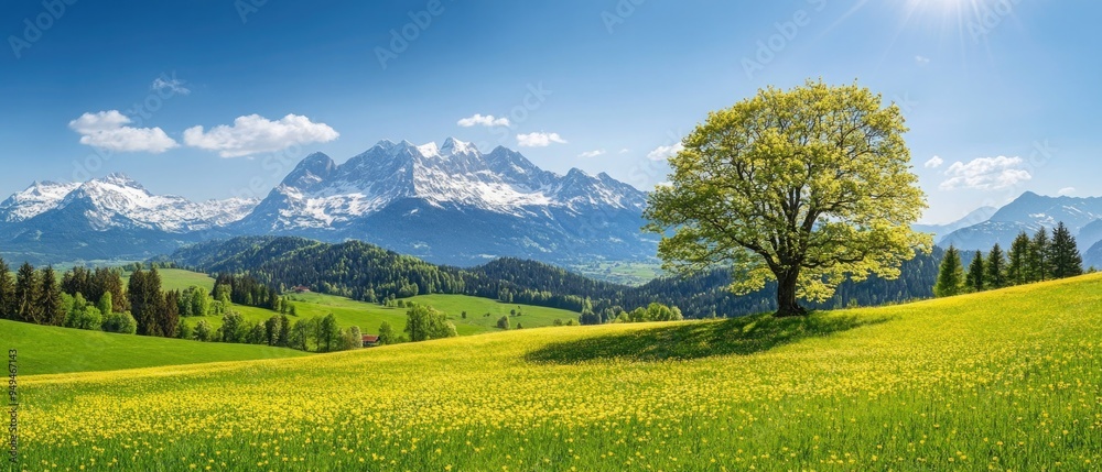 Obraz premium Idyllic mountain landscape in the Alps with blooming meadows in springtime