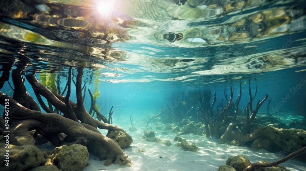 Craft a detailed underwater view of a mangrove forests submerged root