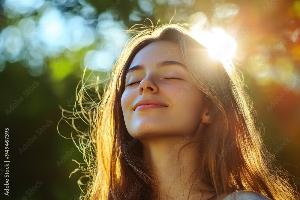 Young woman with long hair enjoying sun with closed eyes getting natural vitamin D outdoors. Peace of mind. Mindfulness, mental health, spirituality, well-being, unwind yourself , ai Young woman with long hair enjoying sun with closed eyes getting natural vitamin D outdoors. Peace of mind. Mindfulness, mental health, spirituality, well-being, unwind yourself , ai