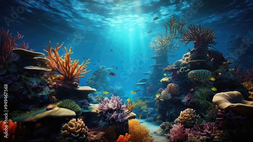 Create a breathtaking, detailed illustration of a fragile coral reef ecosystem with vibrant marine life, contrasting with a stark, damaged area to highlight the impact of environmental threats.