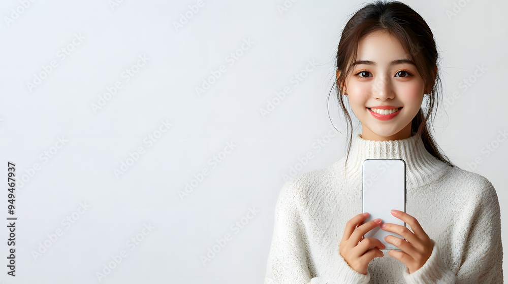 Japanese young woman holding a smartphone in her hand showing a white screen, pure white background Japanese young woman holding a smartphone in her hand showing a white screen, pure white background