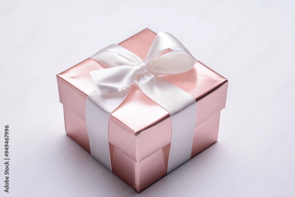 Fototapeta premium A beautifully wrapped gift box in rose gold with a white ribbon, perfect for celebrations.