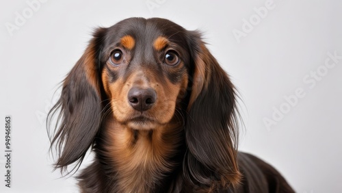 Portrait of Chocolate and tan long haired dachshund dog on grey background