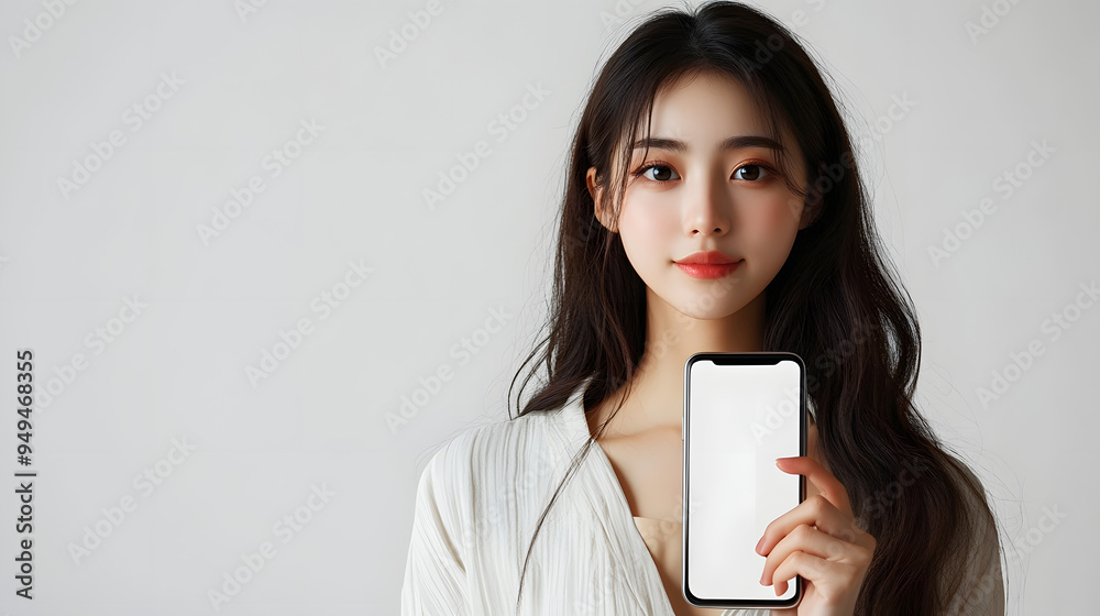 Japanese young woman holding a smartphone in her hand showing a white screen, pure white background Japanese young woman holding a smartphone in her hand showing a white screen, pure white background
