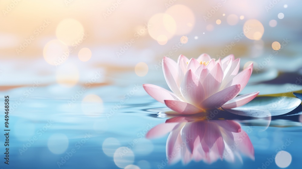 A peaceful lotus flower gracefully rests on calm water, surrounded by gentle ripples and soft, ambient light, creating a tranquil spa atmosphere, copy space A peaceful lotus flower gracefully rests on calm water, surrounded by gentle ripples and soft, ambient light, creating a tranquil spa atmosphere, copy space