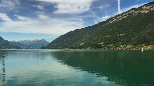 Serene View Of The Turquoise Lake Brienz In Bernese Oberland, Switzerland. Wide Shot photo