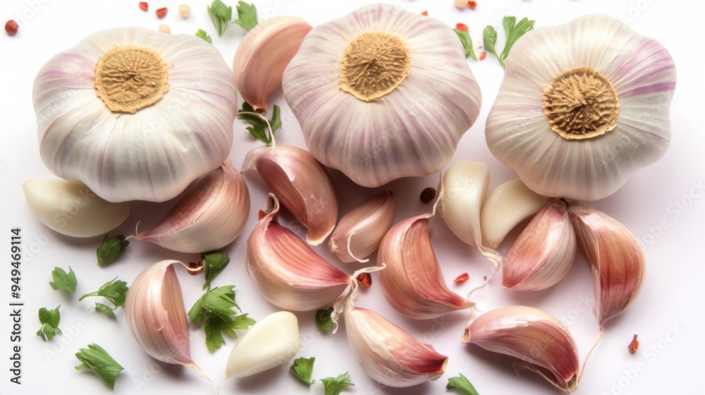 Fototapeta premium Isolated white background image of fresh garlict, a herb, a popular spice used in cooking, aromatic and healthy.