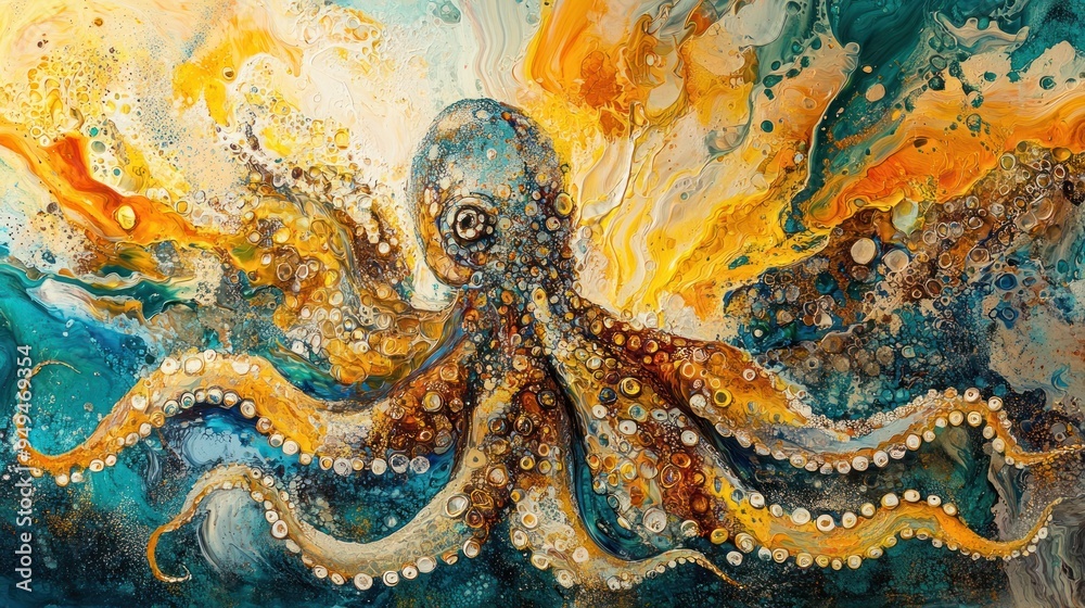 Obraz premium A vibrant octopus painting with swirling colors and dynamic textures.