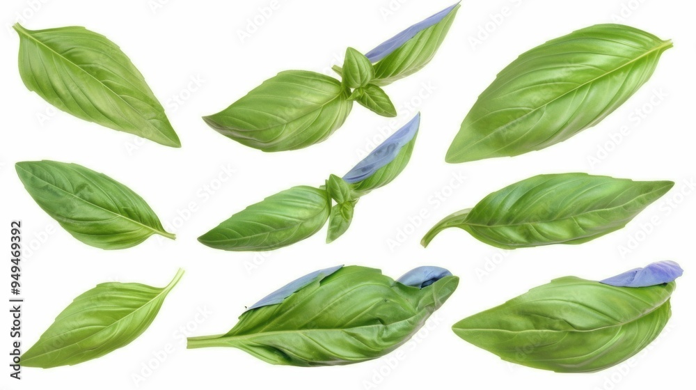 Naklejka premium Isolated white background image of fresh Basil, a herb, a popular spice used in cooking, aromatic and healthy.