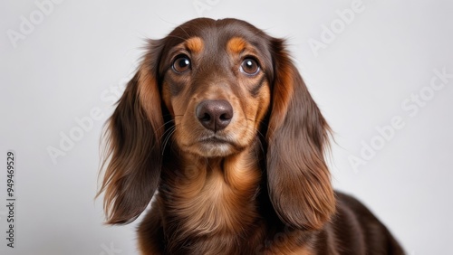 Portrait of Chocolate and tan long haired dachshund dog on grey background