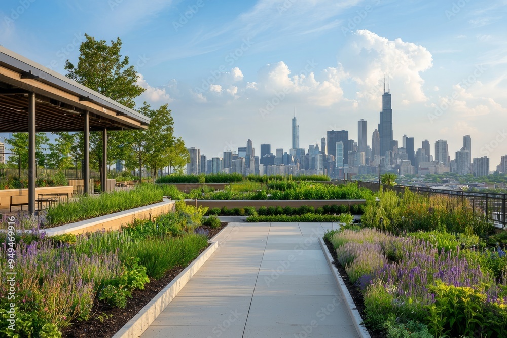 Fototapeta premium Rooftop garden with a small community space for social gatherings. City skyline visible in the distance, Generative AI 