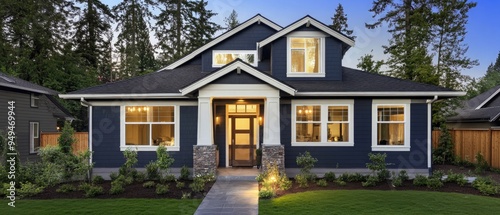 Beautiful home exterior in evening with glowing interior lights and landscaping