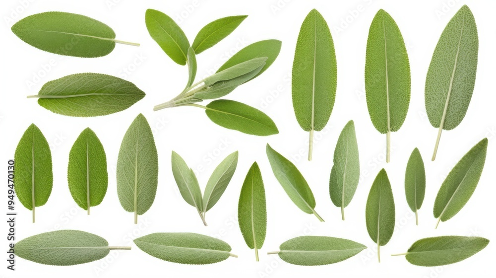 Naklejka premium Isolated white background image of fresh sage leave, a herb, a popular spice used in cooking, aromatic and healthy.