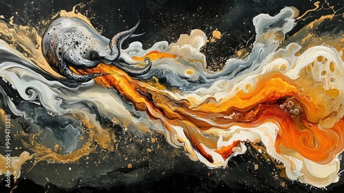An abstract depiction of an octopus amidst swirling colors and textures.