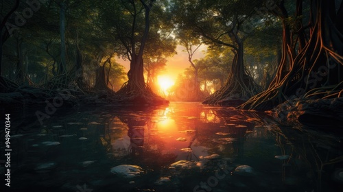 Illustrate a surreal, dreamlike version of a mangrove forest where the trees and roots are twisted into fantastical shapes, and the water is a glowing, otherworldly hue