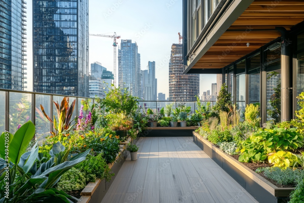 Obraz premium Rooftop garden with a variety of indoor and outdoor plants. Modern city buildings surrounding the space, Generative AI