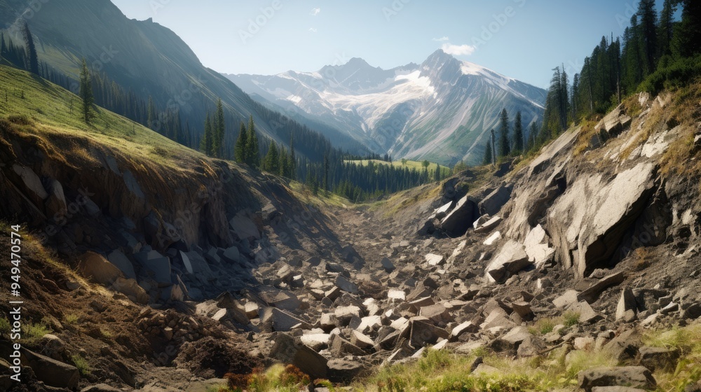 Visualize a dramatic, high-altitude landslide occurring in a rugged ...