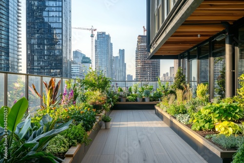 Rooftop garden with a variety of indoor and outdoor plants. Modern city buildings surrounding the space, Generative AI