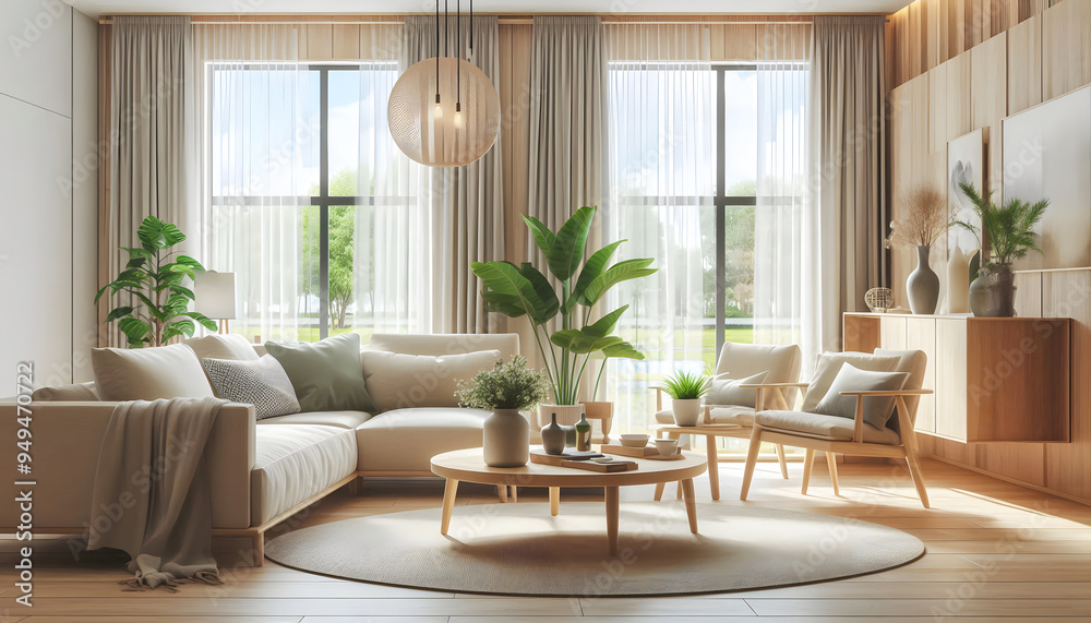 A modern Scandinavian style living room featuring a large white sofa adorned with multiple throw pillows, a light wood coffee table with decorative vases.