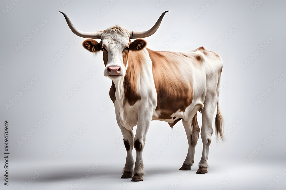 A majestic cow with a glossy coat and large horns standing on a white background, AI Generated A majestic cow with a glossy coat and large horns standing on a white background, AI Generated