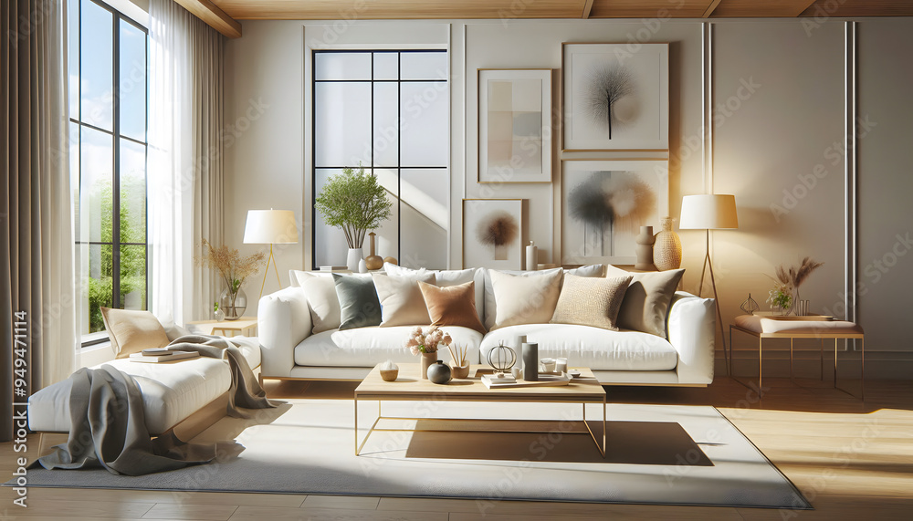 Fototapeta premium A modern Scandinavian style living room featuring a large white sofa adorned with multiple throw pillows, a light wood coffee table with decorative vases.