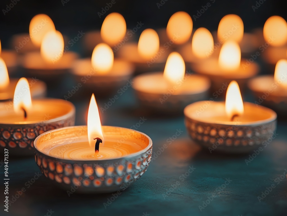 Diyas arranged in intricate mandala patterns, glowing with soft light during a religious ceremony, Festivity, Diyas, Belief Diyas arranged in intricate mandala patterns, glowing with soft light during a religious ceremony, Festivity, Diyas, Belief