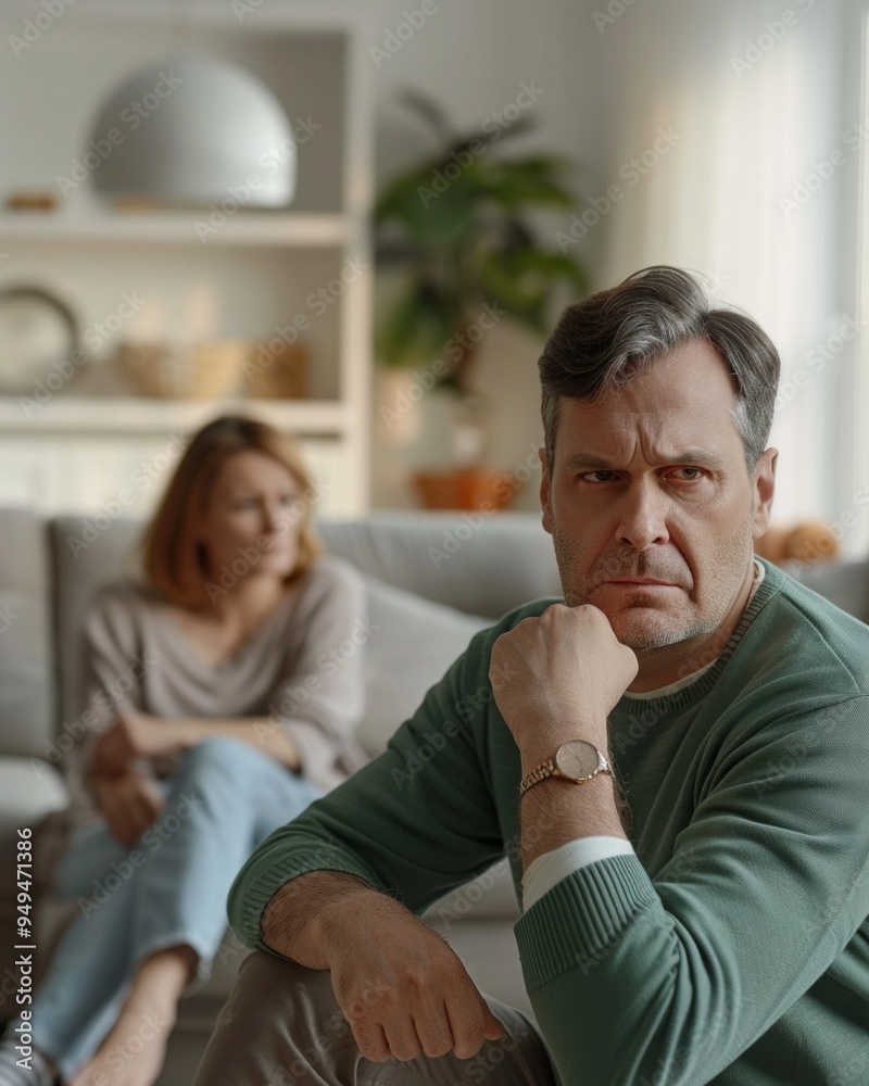 Fototapeta premium Sad pensive couple thinking of relationships problems sitting on sofa, conflicts in marriage.