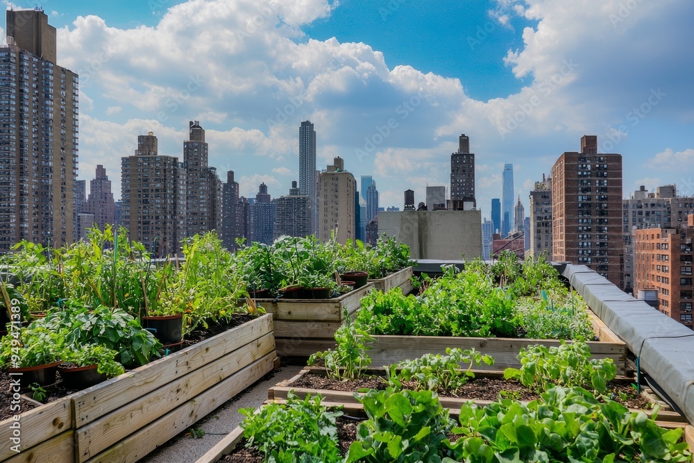 Rooftop garden with an assortment of herbs and small vegetables. City skyline during the day, Generative AI Rooftop garden with an assortment of herbs and small vegetables. City skyline during the day, Generative AI