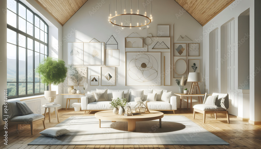 A modern Scandinavian style living room featuring a large white sofa adorned with multiple throw pillows, a light wood coffee table with decorative vases. A modern Scandinavian style living room featuring a large white sofa adorned with multiple throw pillows, a light wood coffee table with decorative vases.