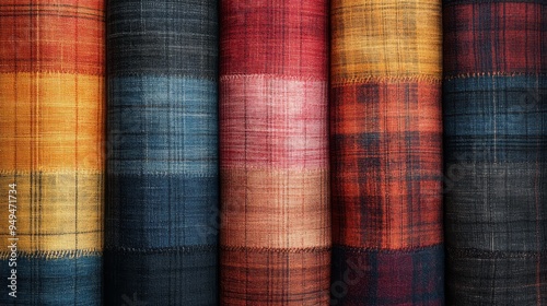 Colorful Plaid Fabric Rolls  Textile Design  Geometric Pattern  Closeup