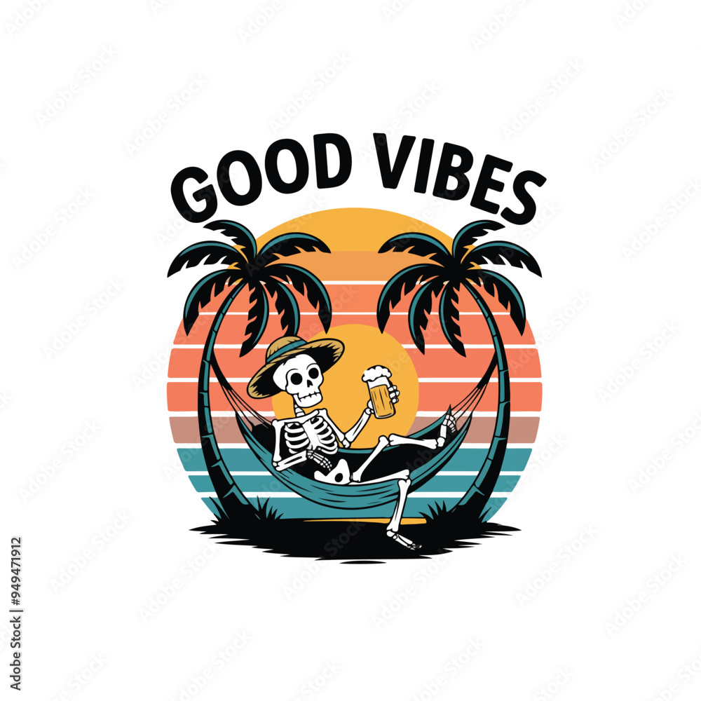 A vintage t-shirt design with a skeleton in a hammock between two palm trees