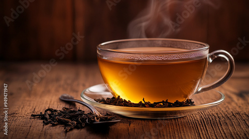 A transparent hot steaming rising from cup of tea with tea leaves scattered around with spoon on a rustic wooden table calming commercial photo