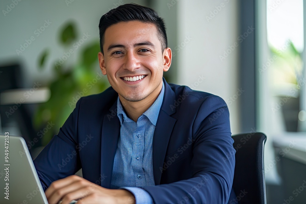 Happy professional business man company employee, young entrepreneur, smiling latin businessman working on laptop computer technology looking at camera working in office sitting at desk, portrait, ai Happy professional business man company employee, young entrepreneur, smiling latin businessman working on laptop computer technology looking at camera working in office sitting at desk, portrait, ai