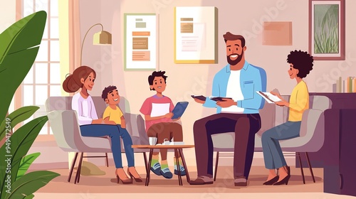 An insurance agent explaining different coverage levels to a family in a cozy setting.