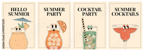 Groovy characters of popular alcoholic beverage and cocktails. Retro poster set Hello summer, summer party, cocktail party and summer cocktails. Vector art