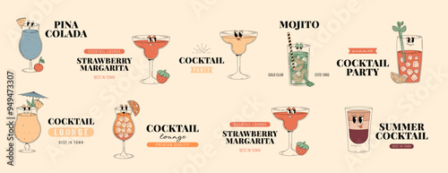 Groovy characters of cocktails and drinks, set of retro banners and labels with popular alcoholic beverages. Cafe cocktail lounge logos and signs collections. Summer retro vector illustrations