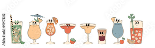 Retro groovy characters summer cocktails. Set of cute alcohol beverage Mojito, Pina colada, Bloody Mary, b52 and other. Summer vintage vector illustration on white background
