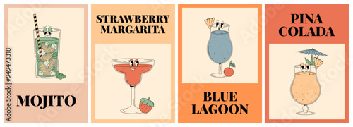 Groovy characters of popular alcoholic cocktails. Retro summer poster set with bloody mary, b52, sex on the beach and daiquiri. Vector illustration