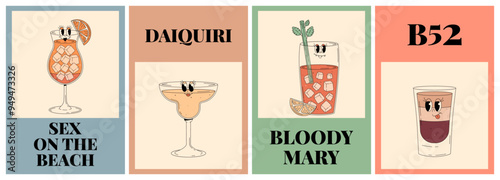 Groovy characters of popular alcoholic cocktails. Retro summer poster set with bloody mary, b52, sex on the beach and daiquiri. Vector illustration