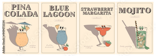 Groovy character beverages. Retro summer poster set with popular alcoholic cocktail mojito, pina colada, margarita, blue lagoon. Vintage vector illustration