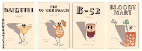 Groovy character beverages. Retro summer poster set with popular alcoholic cocktail daiquiri, sex on the beach, b52, bloody mary. Vintage vector illustration