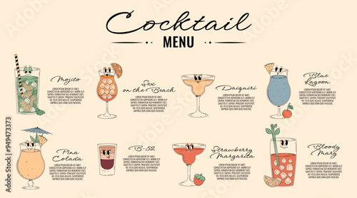 Retro groovy characters summer cocktails. Menu with cute alcohol beverage blue lagoon, sex on the beach, b52 and other. Vector illustration for bar, pub, club