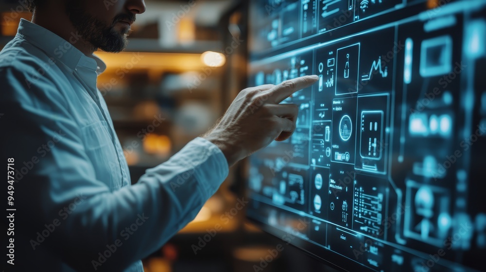 Man Interacting with Futuristic Interface on Touchscreen Man Interacting with Futuristic Interface on Touchscreen