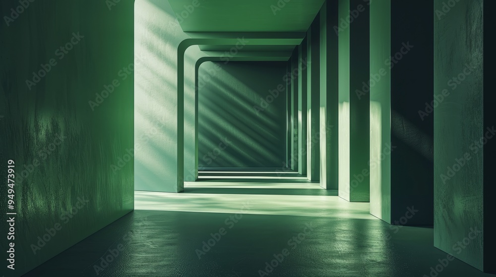The setting showcases a modern space with a smooth green interior, highlighting a minimalistic yet striking design through intricate light and shadow play The setting showcases a modern space with a smooth green interior, highlighting a minimalistic yet striking design through intricate light and shadow play