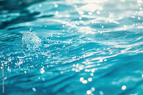 Blue water with ripples on the surface. Defocus blurred transparent blue colored clear calm water surface texture with splashes and bubbles. Water waves with shining pattern texture background , ai