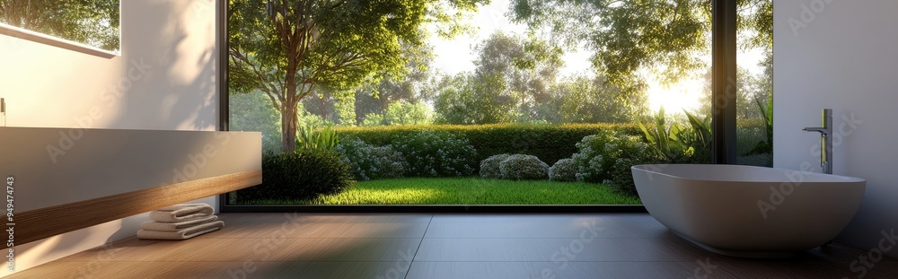 3D rendering of a white bathroom with brown flooring and a green grass landscape featuring trees and bushes 3D rendering of a white bathroom with brown flooring and a green grass landscape featuring trees and bushes