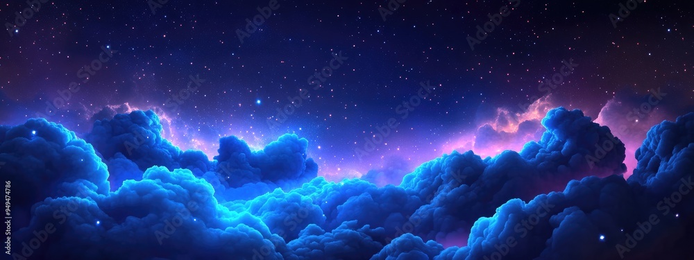 Fototapeta premium Fantasy blue space nebula with a giant interstellar cloud and stars illustrated in a 3D cartoon style