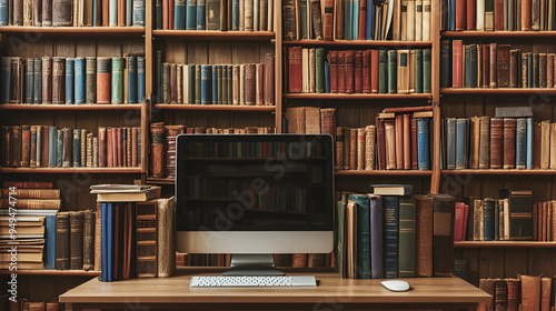 Inside a computer a digital library houses a vast collection of books signifying the limitless reach of online learning